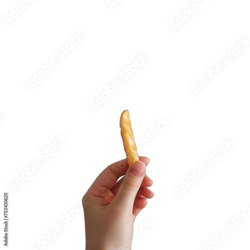 hand holding French fries potatoes isolated on white background