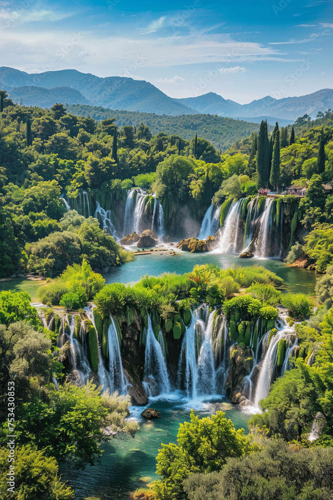 Aerial view of beautiful cascading waterfalls