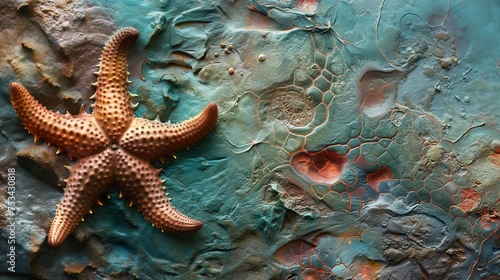 The intricate patterns and textures of a starfish clinging to a rocky surface in the underwater world.