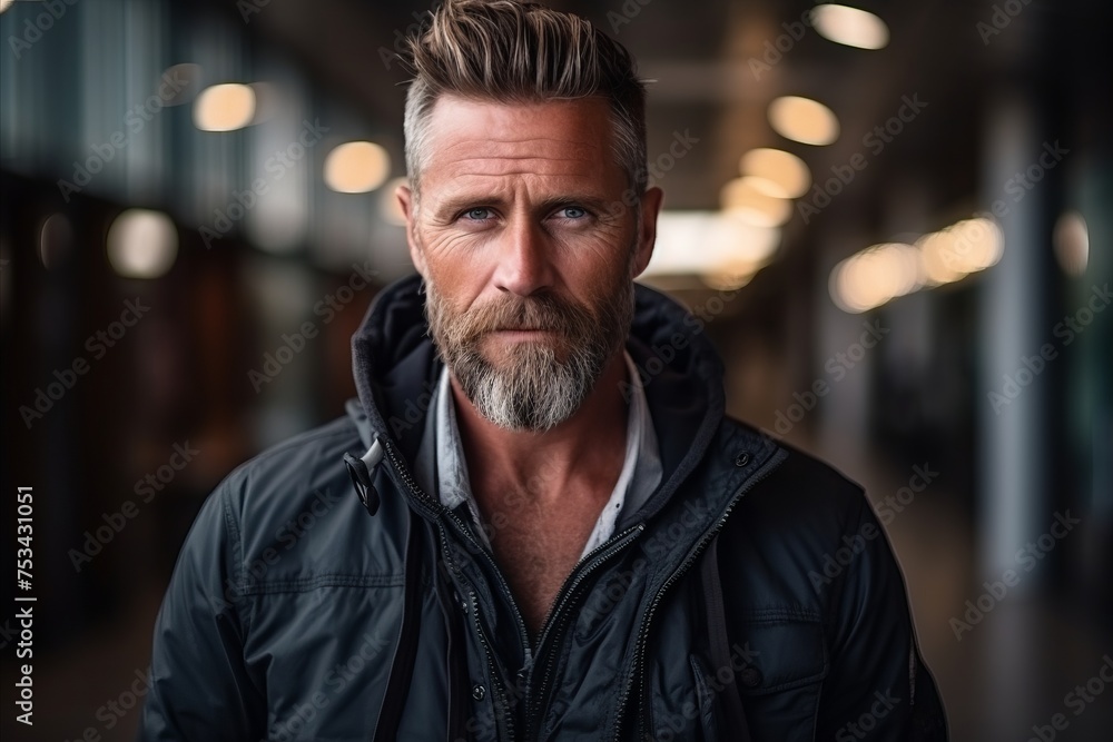 Portrait of a handsome mature man with a long beard and mustache in a dark urban setting Portrait of a handsome mature man with a long beard and mustache in a dark urban setting