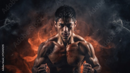 Portrait of a strong, pumped-up athletic Boxer man ready to strike looking at the camera on a black background with smoke and fire. Competitions, Sports, Energy, Training concepts.