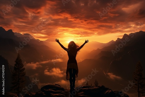 The girl raised her hands to the sun against the backdrop of the mountains. Healthy lifestyle, travel concept