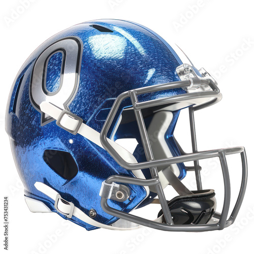 Set of modern blue football safety helmets, sports protection for the head. with the letter "Q" ,Isolated on a transparent background. PNG, cutout, or clipping path.