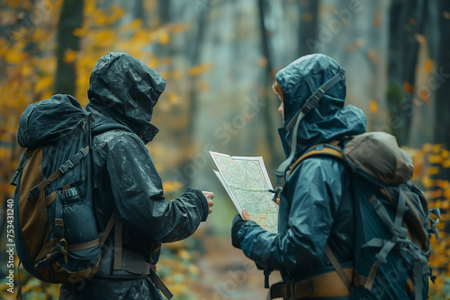 Happy couple and tourists enjoying hiking Ready to spread out an outdoor map An explorer in the forest, an archaeologist