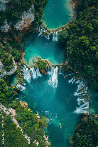Aerial view of beautiful cascading waterfalls