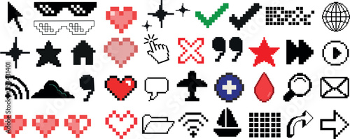 Pixel icon set, ideal Pixelated icon for digital design, web development, gaming interfaces. Features hearts, stars, arrows, tech elements. Retro aesthetic appeal, versatile asset, wide symbol range