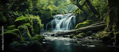 waterfall view  green forest background