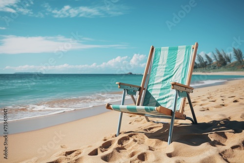 Sun lounger on a sunny beach  without people  overlooking the sea. Vacation concept