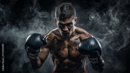 Portrait of a strong, pumped-up athletic Boxer man ready to strike with gloves looking at the camera on a black background with smoke. Competitions, Sports, Energy, Training, Healthy lifestyle concept