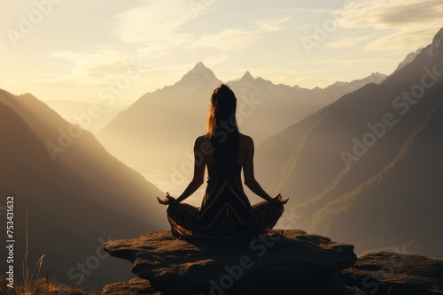A woman does yoga in the mountains. Healthy lifestyle concept.