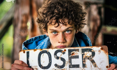 Portrait of a young individual peering over a sign with the word LOSER, depicting themes of failure, self-deprecation, and the impact of negative labeling photo