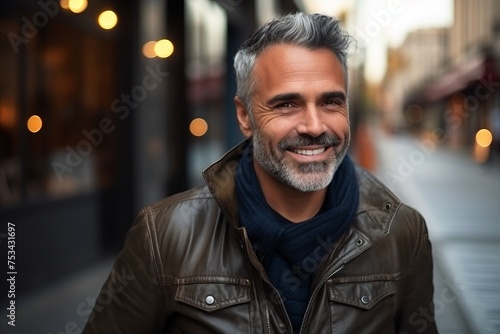 Portrait of a handsome middle-aged man in a city street