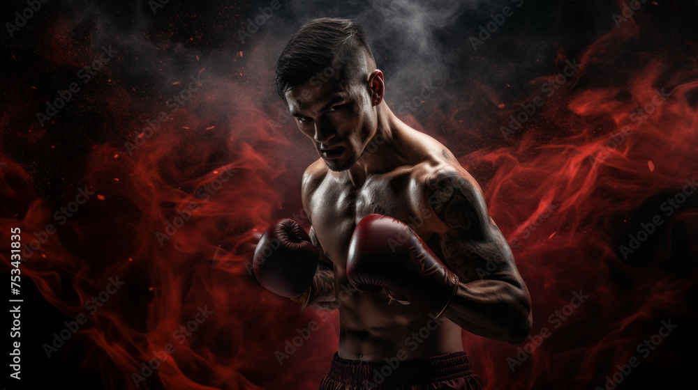 A heavily muscled athletic Male Boxer in gloves looks at the camera on an abstract dark black red background. Competitions, Sports, Energy, Training, Healthy lifestyle concepts.