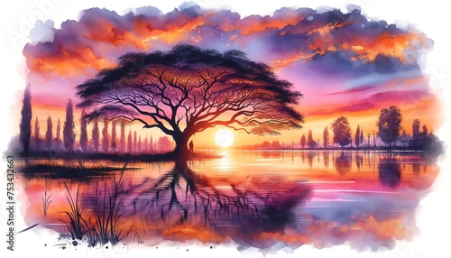 Watercolor of Silhouette of a tree near a body of water during a beautiful sunset