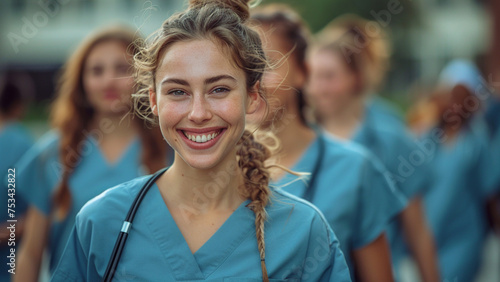 Portrait of a beautiful young nurse with her team in the background