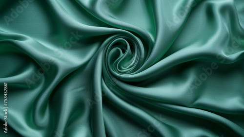 Closeup of rippled green satin fabric, background texture