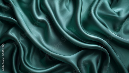 Closeup of rippled green satin fabric, background texture