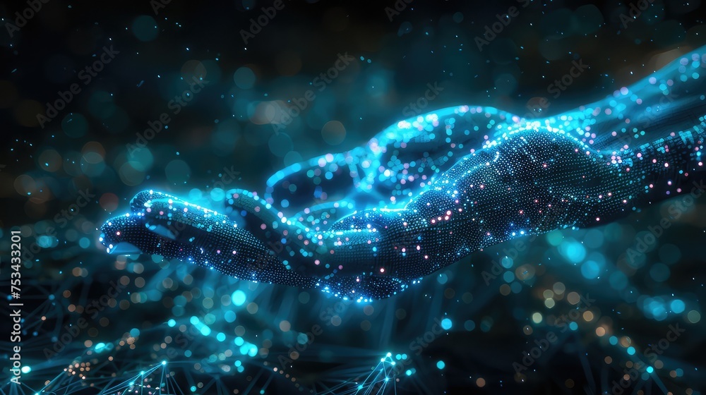 light blue virtual space, dot matrix art, an artificial intelligence interacting with a robotic arm, a sense of future technology light blue virtual space, dot matrix art, an artificial intelligence interacting with a robotic arm, a sense of future technology