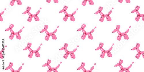 Bright pink balloon dog. Bubble animal in a shape of puppy. Vector cute seamless pattern isolated on white background.