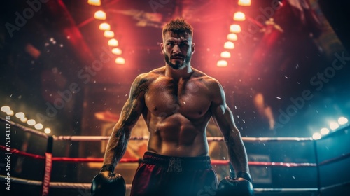 A Boxing Champion, A Strong Man in Gloves enjoys Victory in the Ring. Competitions, Sports, Energy, Training, Healthy lifestyle concepts. © liliyabatyrova