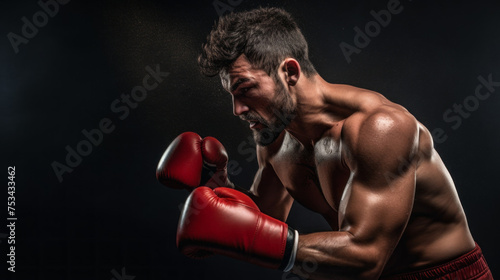 Portrait sideways of a strong, muscular, athletic Male Boxer in red gloves Boxing on a black background with a copy space. Competitions, Sports, Energy, Training, Healthy lifestyle concepts.