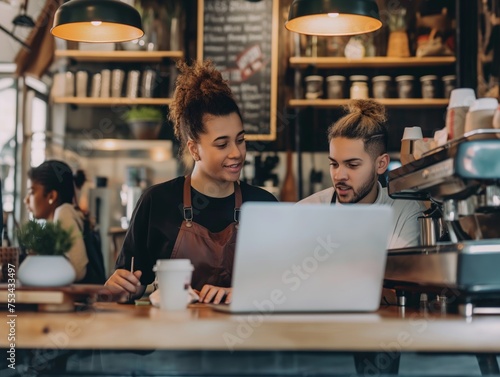 Two baristas collaborate using a laptop in a cozy cafe setting  representing teamwork and workplace technology.