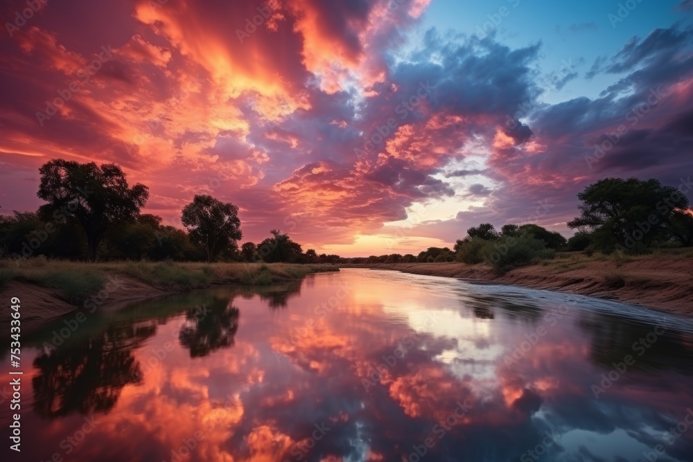 Beautiful sky over the river at sunset or sunrise. Beautiful nature Beautiful sky over the river at sunset or sunrise. Beautiful nature
