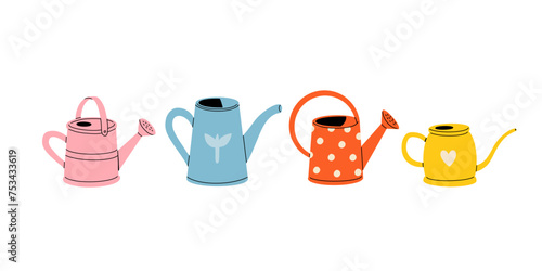 Vector set of multicolored cartoon watering cans isolated from the background. Clipart collection of gardening tools. Hand drawn flat elements for stickers.