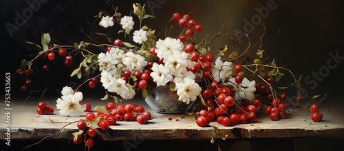 A table with a bunch of white flowers and red berries
