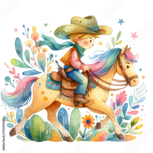 Whimsical Cowboy Child Riding a Horse Illustration