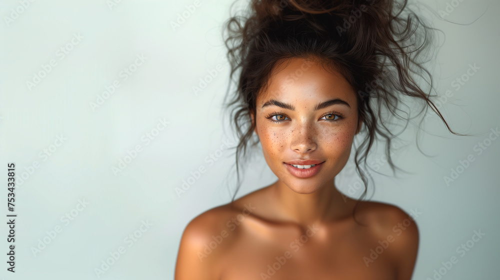 Portrait of a beautiful young black woman showcasing flawless skin and a captivating smile on a clean white background.. Portrait of a beautiful young black woman showcasing flawless skin and a captivating smile on a clean white background..