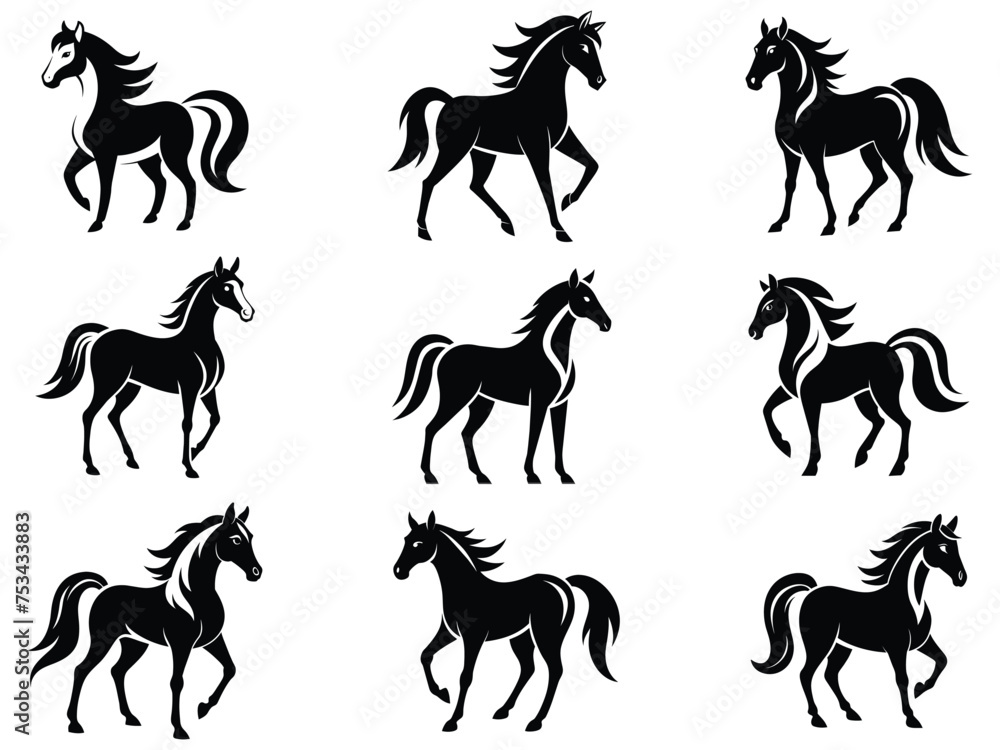 Fototapeta premium Set of Black Horse Silhouettes: Vector Illustrations, Isolated