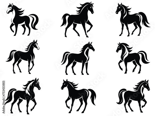 Set of Black Horse Silhouettes: Vector Illustrations, Isolated