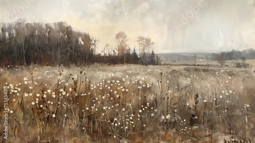 landscape wildflowers and grass field in the countryside moody vintage farmhouse style wall art or painting