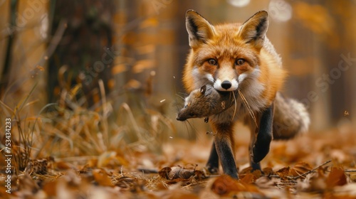 Close up photo of a red fox carrying a mouse in its mouth, against the background of an autumn pine forest photo