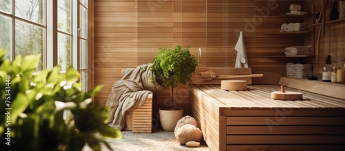 Sauna Equipment in Bright Wooden Cozy Setting photo