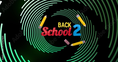 Image of back to school over green spiral on black background