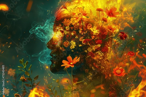 Digital artwork illustration of a shattered human form being engulfed by flames  with vibrant flowers blooming from within  representing the resilience of the human spirit in the face of adversity