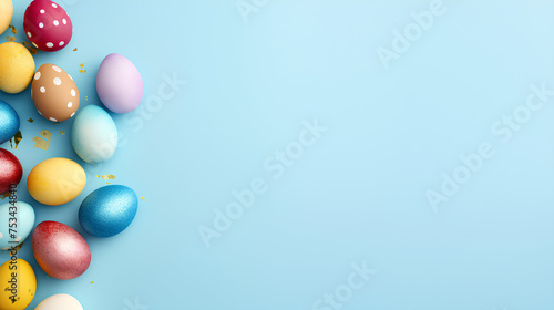 Close-up colored eggs, Colored eggs as background in top view for easter day celebration, photography, details, natural light, Easter eggs on blue pastel background. Happy Easter concept, Easter part 