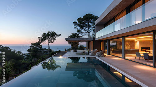 Modern Cubic Villa with Swimming Pool Exterior Modern Minimalist Cubic Villa with Pool Luxury house with swimming pool illuminated at night luxurious villa with swimming pool 