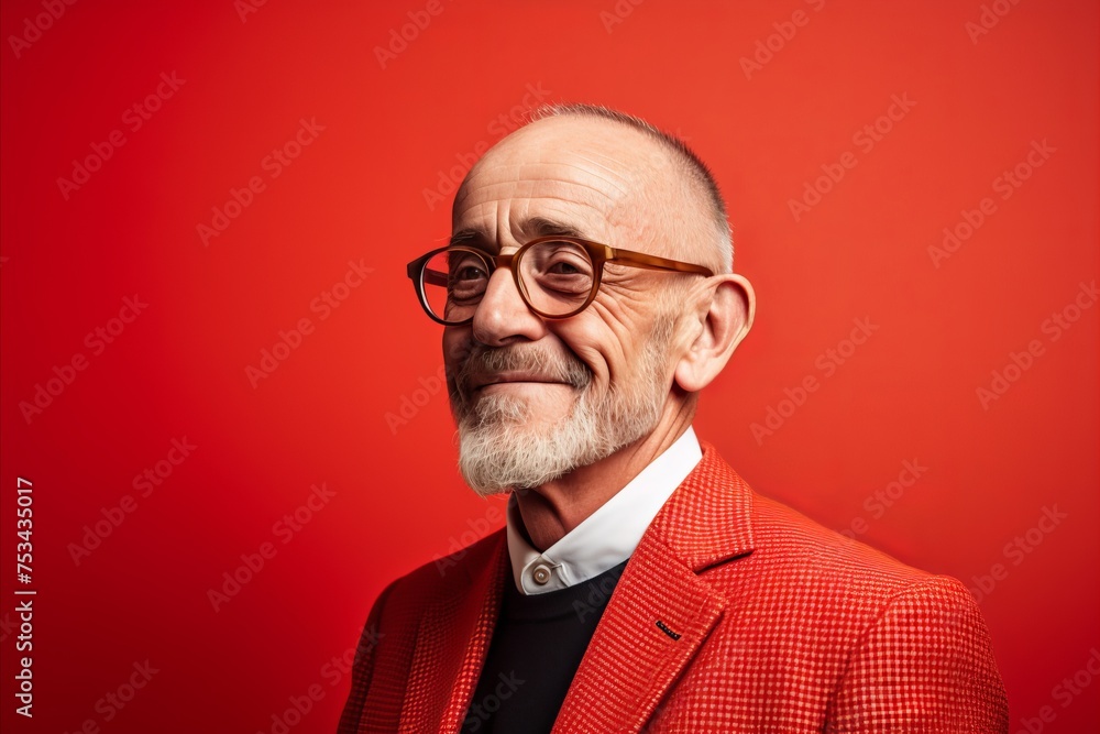 Portrait of a smiling senior man in glasses and a red jacket on a red background. Portrait of a smiling senior man in glasses and a red jacket on a red background.