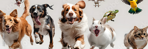 two dogs of different breeds, 3 cats of different breeds, a parrot, a turtle, a hamster, a rabbit run towards the camera