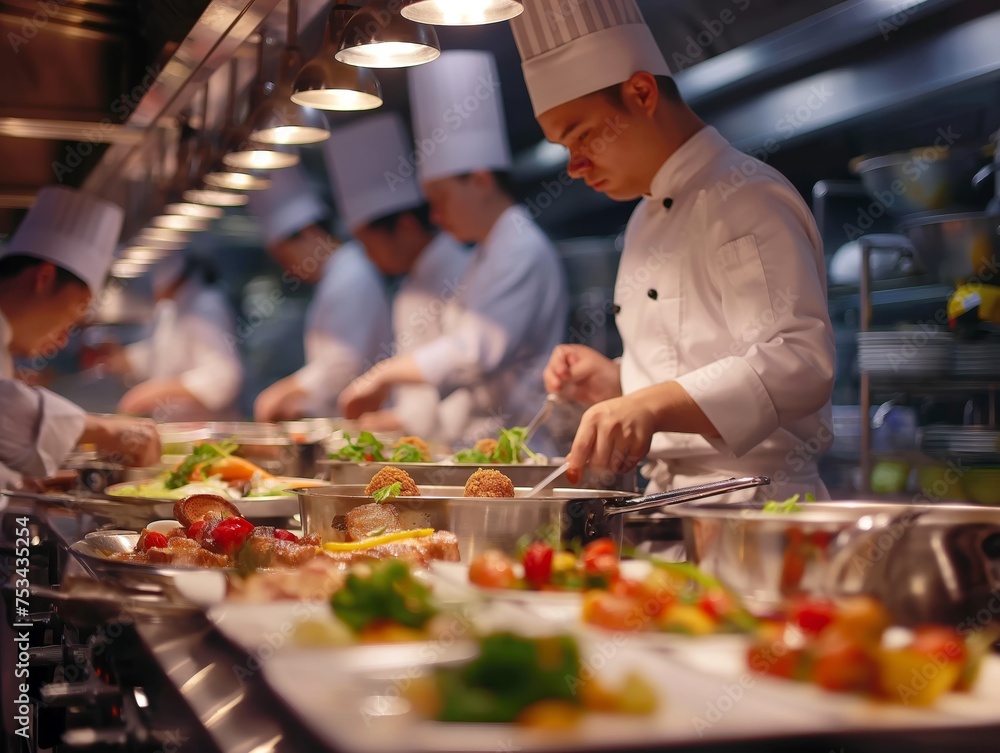 Professional chefs focused on cooking and plating in a bustling restaurant kitchen.