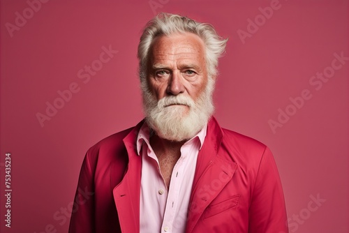 Handsome senior man with long white beard and stylish hair posing in studio.