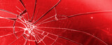 Сracked glass close-up on red background. Texture of broken glass. 3d illustration 