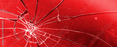 Сracked glass close-up on red background. Texture of broken glass. 3d illustration	