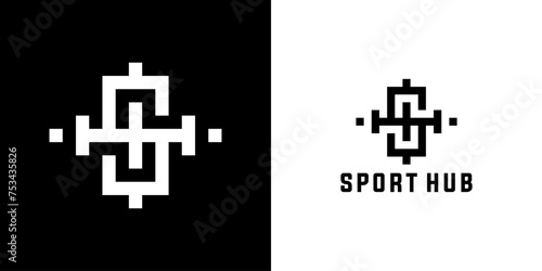 sports logo design with strong letter H and barbell