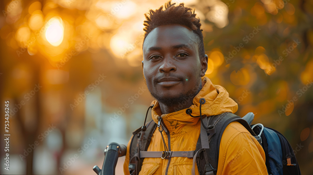 Handsome young African man early morning with a bicycle, generative Ai
