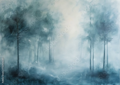 Abstract landscape forest and fog in the countryside moody vintage farmhouse style wall art or painting © Wipada
