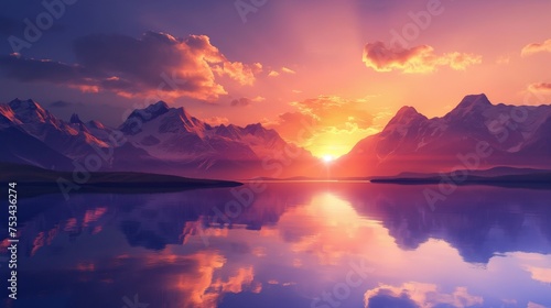Vibrant sunset over a pristine mountain lake with reflections on the water.